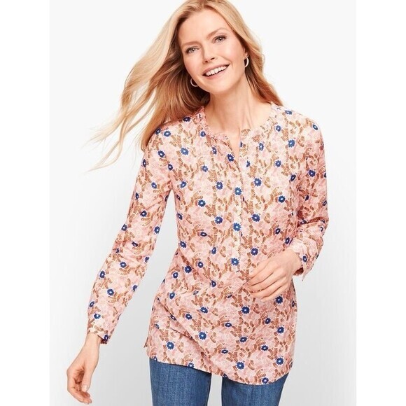 Talbots Pintuck Voile Top Women Sz SP Floral Ruffle Neck Bohemian Coastal Blouse - Picture 1 of 16